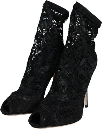 Dolce & Gabbana Womens Black Lace Stretch Heels Mid Calf Boot Shoes Nylon Elastane Viscose