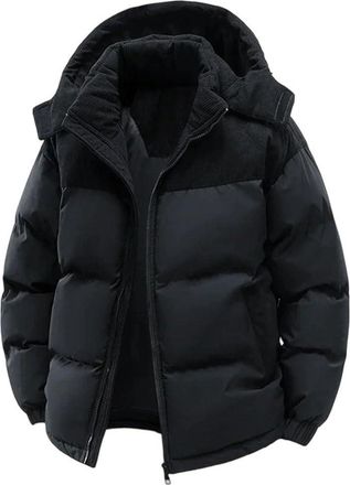 Generic Contrast Color Stitching Corduroy Stitching Loose Large Size Warm Mens Hooded Down Jacket Black S