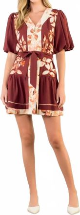 Mint Micah Puff Sleeve Button Up Dress In Burgundy Florals