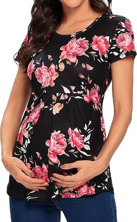 Generic Womens Maternity Tops Breastfeeding Floral Printed Top Shirt Double Layer Soft Short Sleeve Pregnancy Clothes Plus Size Maternity Long Sleeve Tops (Re