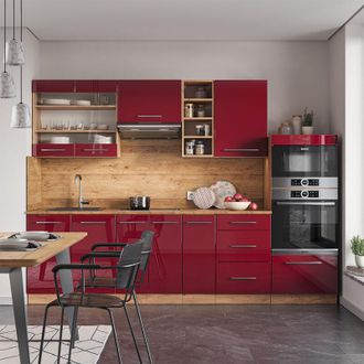 Vicco Mueble De Cocina Fame-line, Burdeos Brillo Intenso/roble Dorado, 280 Cm Sin Encimera