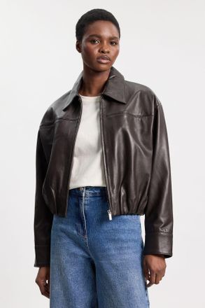 Karen Millen Womens Leather Collared Bomber Jacket - Chocolate - Size 12 UK