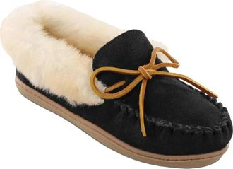 Minnetonka Alpine Slipper Black Suede Sheepskin Slip On Moccasin RHS7838