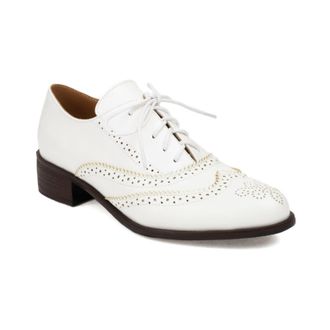 Generic Womens Brogue Oxford Shoes Lace Up Wingtip Perforated Detail Chunky Block Heel Round Toe Smooth Upper Cushioned Insole Durable Multiple Color Options,