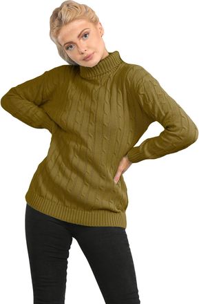 Janisramone Polo High Neck Jumpers for Women UK, Cable Knitted Long Sleeve Ladies Jumpers, Casual Pullover Winter Turtle Neck Tops for Women Size 8-74 Khaki