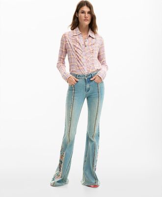 Desigual Jeans - Pantaloni blu con impunture floreali