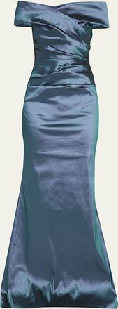 Teri Jon Off-Shoulder Ruched Taffeta Gown
