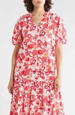 Caslon Split Neck Puff Sleeve Cotton Gauze Top in Ivory Red Palm Floral at Nordstrom Rack, Size X-Large