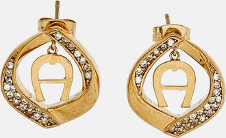 Aigner Gold Tone Logo Crystal Detail Stud Earrings