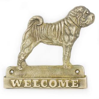 OEM Shar Pei: Un Cartel Para Puerta Con Un Perro, Una Placa De Bienvenida De Lat&oacute;n, Un Cartel &Uacute;nico Con La Palabra Bienvenido De Art-dog
