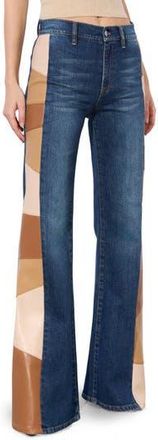 Alice & Olivia Faux Leather Patchwork High Waist Wide Leg Jeans in Darby Vintage Blue at Nordstrom Rack, Size 24
