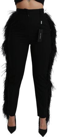 Dolce & Gabbana Womens Black Feather Straight High Waist Wool Pants Virgin Elastane