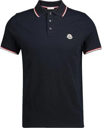 Moncler Piquet Polo Shirt met driekleurige bies - Heren - Polos - Blauw - S - Katoen - Tops