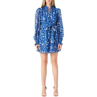 endless rose Floral Long Sleeve Chiffon Minidress in Blue at Nordstrom Rack, Size X-Small