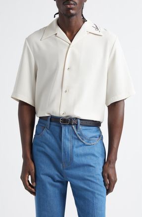 Amiri Logo Embroidered Camp Shirt in Alabaster at Nordstrom, Size X-Large