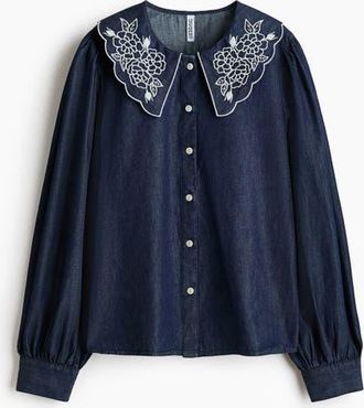 H&M Embroidered-collar Denim Blouse in Dark Denim Blue at Nordstrom, Size X-Small