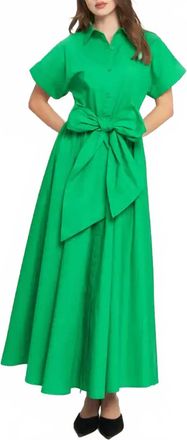 Flying Tomato Tie Waist Bow Cotton Button Front Maxi Shirt Dress In Emerald Green