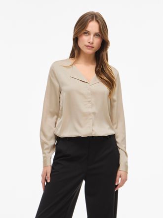 Vila Hemdbluse VILA VIELLETTE V-NECK L/S SATIN SHIRT - NOOS, Damen, Gr. 34, cement, Obermaterial: 100% Polyester, unifarben, regular fit normal, Blusen Hem