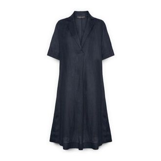Elena Miro Jurk met V-hals en revers - Dames - Korte kleedjes - Blauw - M - Linnen - Kleedjes