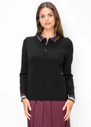YAL New York Black Quarter Zip Sweater with Striped Collar