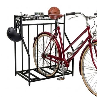 Relaxdays Soporte De Suelo Para Bicicletas Relaxdays, 3 Bicicletas, Ancho De Rueda Ajustable, Cesta Y 6 Ganchos, Regulable, Negro