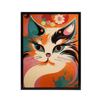 Artery8 Cat Retro Boho Flower Power Floral Framed Canvas Wall Art Print | Size: W24 x H32