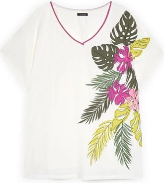 Fiorella Rubino Katoenen T-shirt met tropische print - Dames - T-shirts - Wit - L - Katoen - Tops