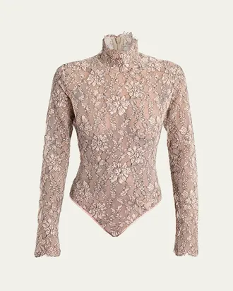 Valentino Garavani Mock-Neck Lace Jersey Long-Sleeve Bodysuit