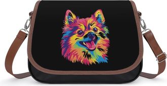 Generic Colorful Pomeranian Dog Womens Leather Crossbody Bags with Adjustable Strap Casual Printed Shoulder Handbag