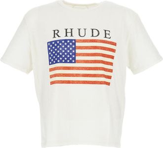 Rhude White Usa Flag Slub Cotton T-Shirt