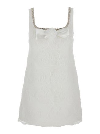 Self Portrait White Mini Dress With Square Neck And Bow Detail On The Front In Tech Fabric Woman