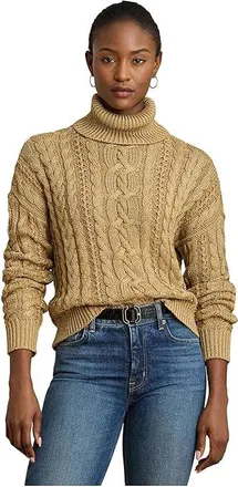 Lauren Ralph Lauren Metallic Cable-Knit Turtleneck Sweater Womens Sweater Relic Gold Metallic : XL, Cotton/Polyester/Viscose