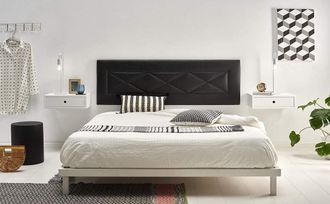 HOGAR 24 Cabecero tapizado negro 150cm y 2 mesitas flotantes cajón blanco
