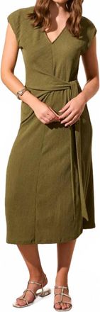 Tribal V-Neck Tie Waist Midi Dress In Loden Green