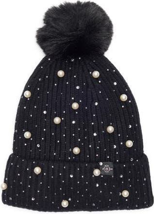 Nanette Lepore Scattered Embellished Faux Fur Pompom Beanie in Black at Nordstrom Rack