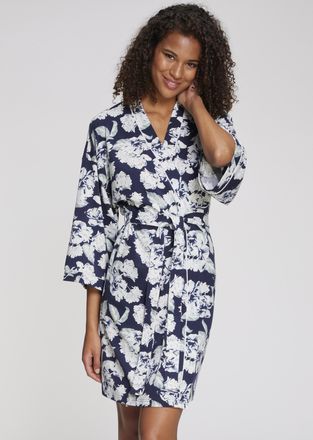 Lascana Kimono LASCANA, Damen, Gr. 32/34, blau (blau, gemustert), Baumwoll-Mix, gemustert, Kurzform, Hausm&auml;ntel Kimono, mit sch&ouml;nem Blumenmuster