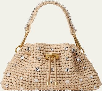 Jimmy Choo London Cinch Small Crystal-Embellished Raffia Drawstring Top Handle Bag