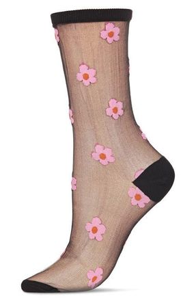 MeMoi Daisies Sheer Crew Socks in Black at Nordstrom, Size 9