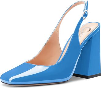 Castamere Women Chunky Block High Heel Square Toe Slingback Pumps Court Shoe Slip-on Clear Dress Sandals 10 CM Heels Blue 10 UK