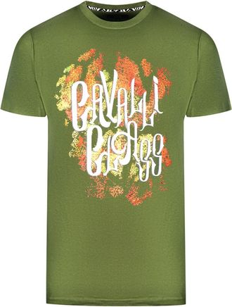 Cavalli Mens Bold Logo Green T-Shirt Cotton - Size Large