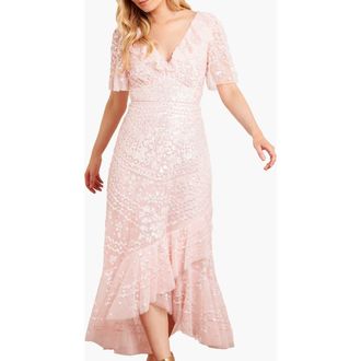 Needle & Thread Anais Sequin Frill Ankle Gown in Seashell at Nordstrom, Size 14