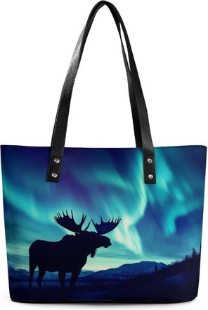 Generic Northern Lights Forests And Moose Tote Bags for Women Cute Shoulder Purses Handbags