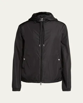 Moncler Mens Nylon Hooded Grosgrain-Trim Full-Zip Jacket