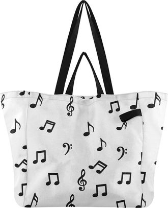 Generic Music White pattern Reusable Canvas Tote Bag, Heavy Duty Grocery Shopping Bag with Large Capacity Double Handles Hard Bottom Work Groceries Travel