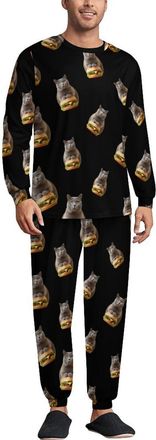 Generic Cat Hamburger Novelty Mens Pajama Set Long Sleeve Sleepwear Loungewear Pjs Top And Pants