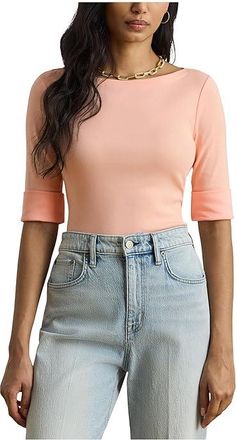 Lauren Ralph Lauren Stretch Cotton Boatneck Top Womens T Shirt Light Portside Coral : XS, Cotton/Elastane