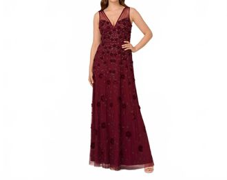 Adrianna Papell Velvet Floral Beaded Gown With Sheer Tank Straps In Mahogany