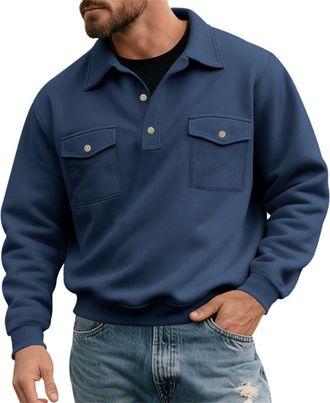 Generic Mens Sweatshirt Flannel Button Down Shirts Long Sleeve Retro Stand Collar Shirt Fashion Casual Sports Gym Tops with Chest Pockets Solid Color Sweatshi