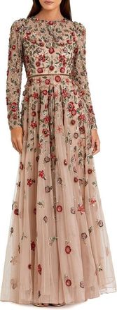 Mac Duggal Petite Embellished High Neck Long Sleeve A-Line Gown in Antique Rose at Nordstrom, Size 12
