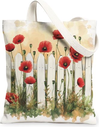 Generic Spring Poppy Fence Flower Canvas Tote Bag for Shopping 13x15, Farmhouse Cute Floral Reusable Grocery Print Pattern Bag for Women, Fun Country Beach Ae